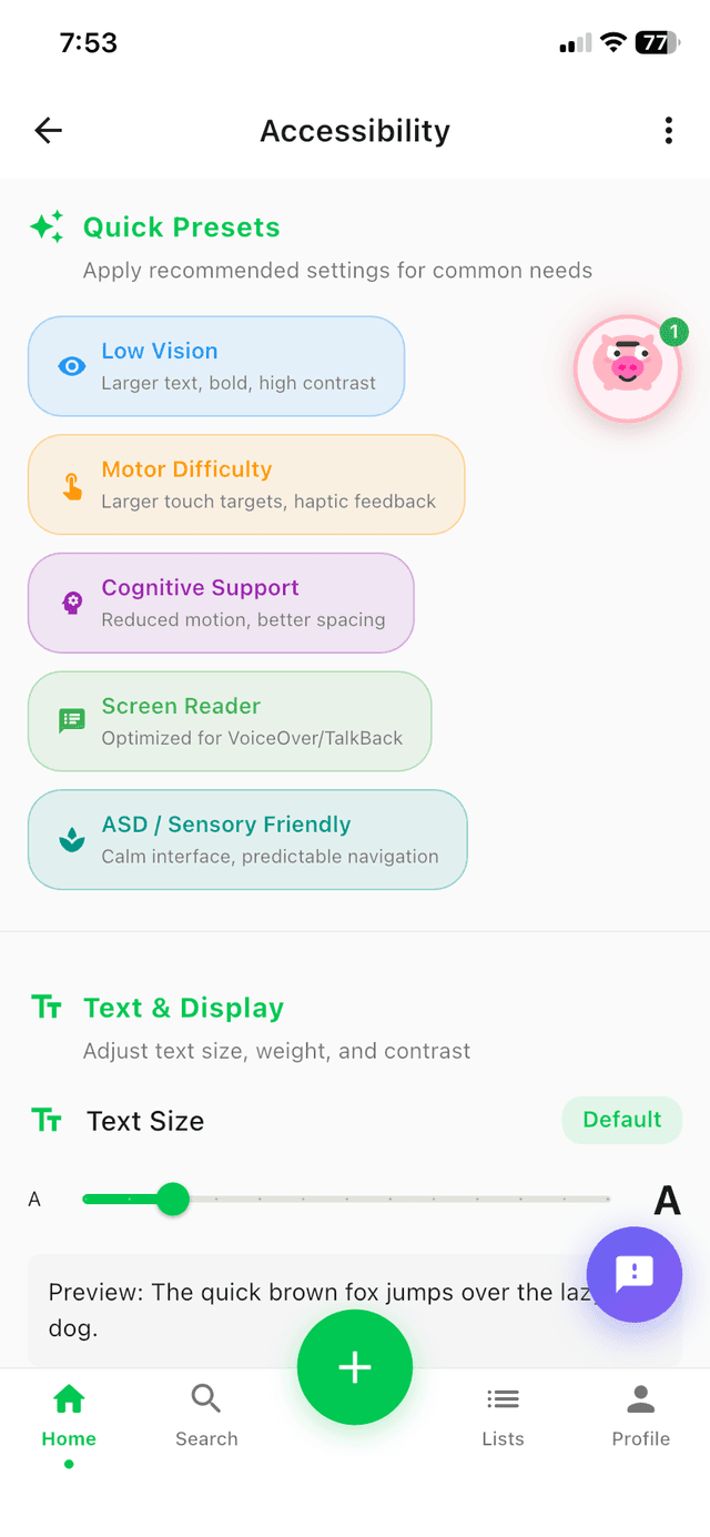 BuyersMarket accessibility settings showing Low Vision, Motor Support, Screen Reader, and Sensory Friendly presets