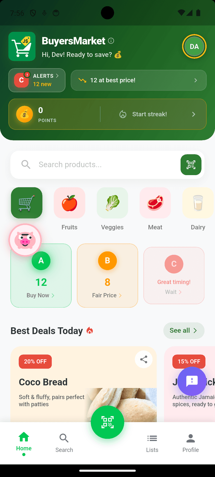 BuyersMarket app showing A-B-C price ratings and deals